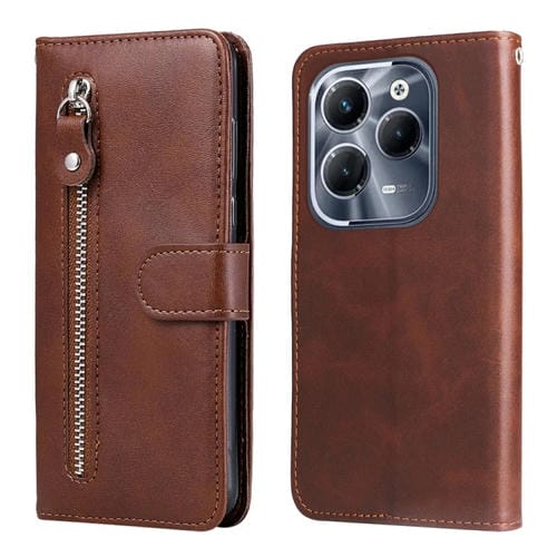 Funda de Cuero con Textura de Becerro y Cremallera para Infinix Hot 40 y Hot 40 Pro (Marrón)