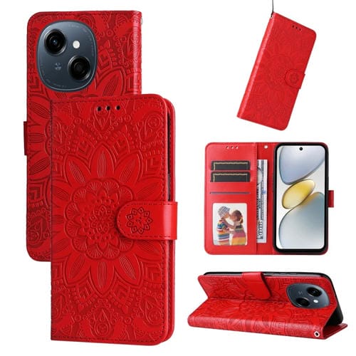 Funda de Cuero con Relieve de Girasol para Tecno Spark Go 1 / Pop 9 / Spark Go 2025 (Rojo)