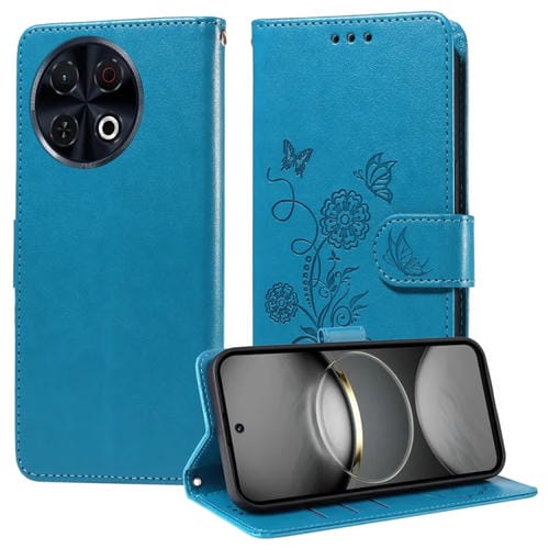 Funda de Cuero para Tecno Spark 30 Pro 4G con Diseño de Mariposas y Flores en Relieve (Azul)
