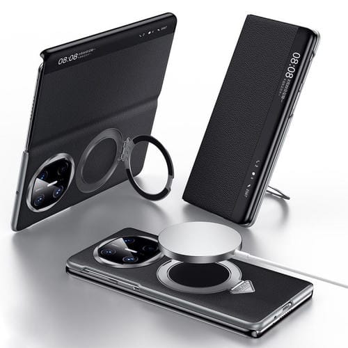 Funda de Cuero con Soporte Magnético Magsafe y Ventana Smart View para Huawei Mate X6 (Negro)