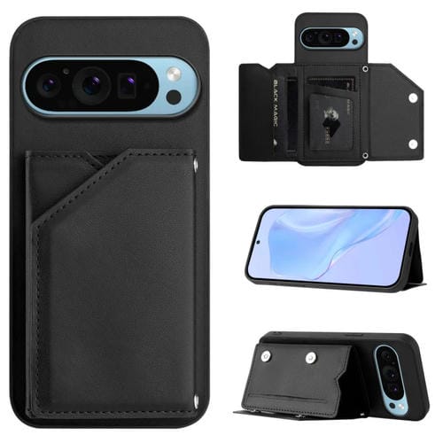 Funda para Teléfono Google Pixel 9 Skin Feel con 4 Ranuras para Tarjetas y Correa para Muñeca (Negra)