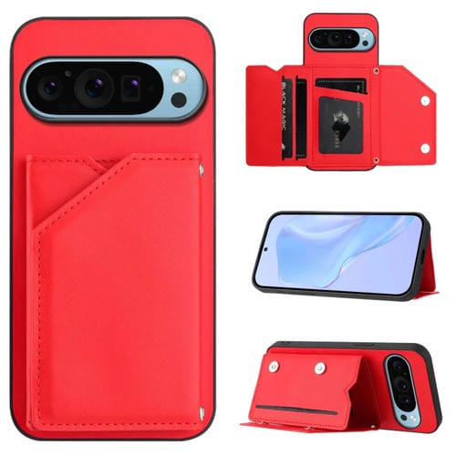 Funda para Teléfono Google Pixel 9 Pro Skin Feel con 4 Ranuras y Correa (Rojo)