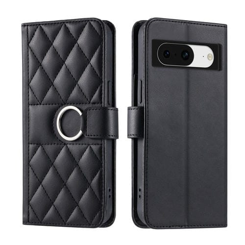 Funda de Cuero con Forma de Rombo y Hebilla de Anillo para Google Pixel 8 (Negra)