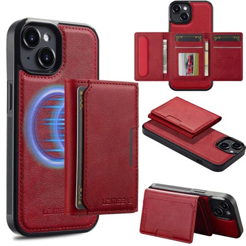 Funda para Teléfono Lc.Imeeke Serie L5 con Tarjetero Rfid Desmontable y Magsafe para iPhone 15 Plus/14 Plus (Roja)