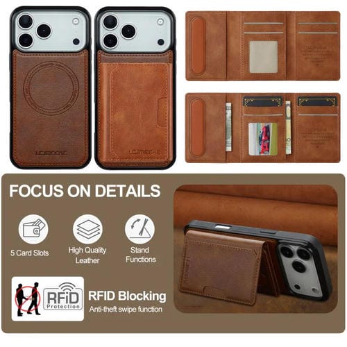 Funda para iPhone 17 Pro Max LC.IMEEKE L5 Series con tarjetero RFID desmontable y Magsafe (marrón)