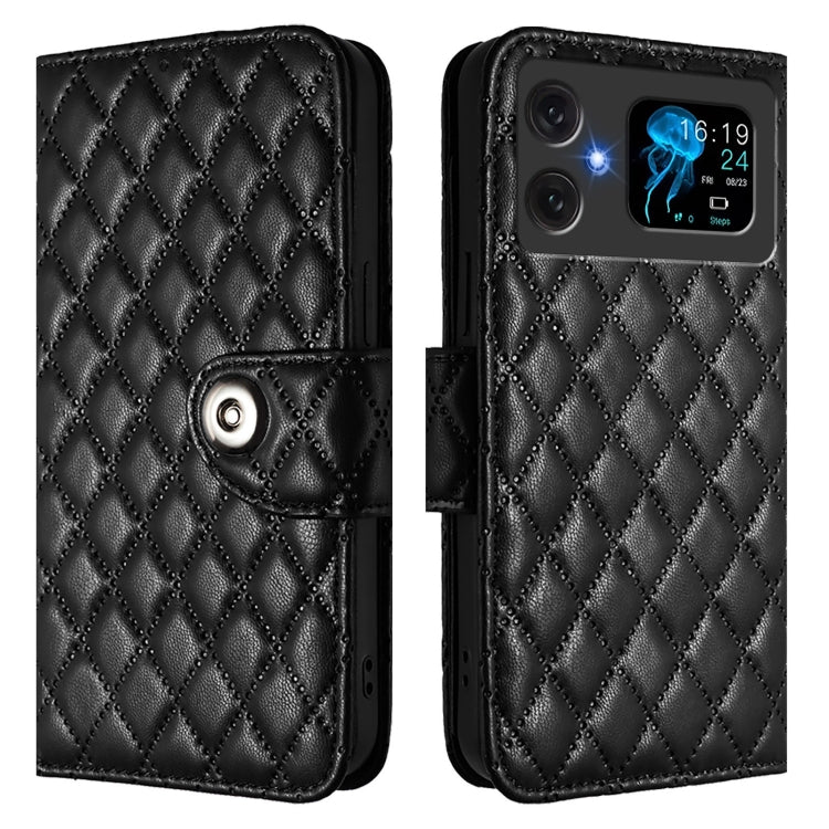Funda de Cuero con Tapa para Cubot A20 con Textura Rombal y Cordón (Negro)