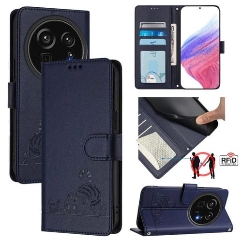 Funda de Cuero Rfid para Sharp Aquos R9 Pro con Estampado de Rata y Gato en Relieve y Cordón (Azul)