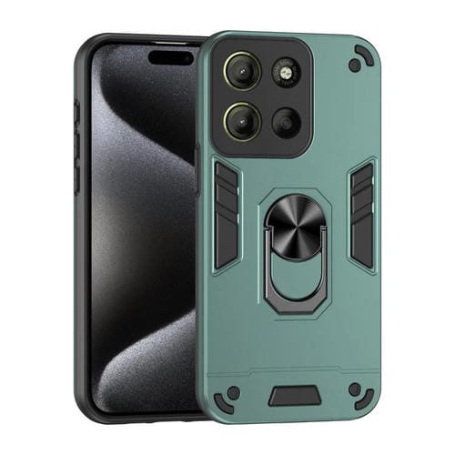 Funda de Teléfono Motorola Moto G15 con Soporte de Anillo de Metal y Protección a Prueba de Golpes (Verde)