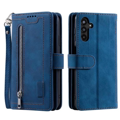 Funda de cuero con cremallera y cordón para Samsung Galaxy A17 5G (azul)