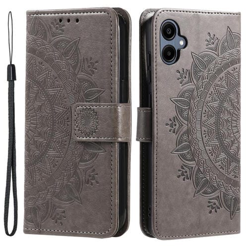 Funda de piel con relieve de flor tótem y cordón para Samsung Galaxy A07 4G (gris)