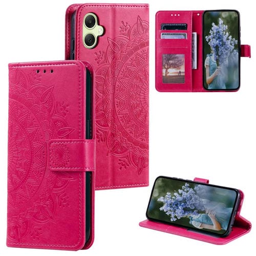 Funda de piel con relieve de flor tótem y cordón para Samsung Galaxy A07 4G (roja)