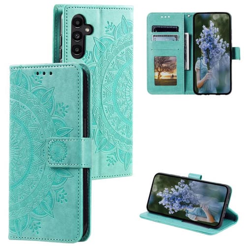 Funda de cuero con relieve de flor tótem para Samsung Galaxy A17 5G con cordón (verde)