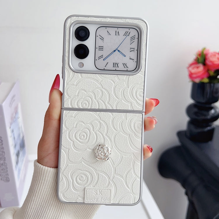 Funda para Teléfono Huawei Nova Flip con Diseño de Cuadros 3D de Camelia (Blanca)