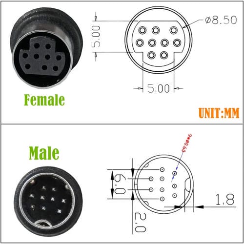 Cable Adaptador de Audio para TV 9 Pines Mini Din Doble Curvatura 0,5 m (Negro)