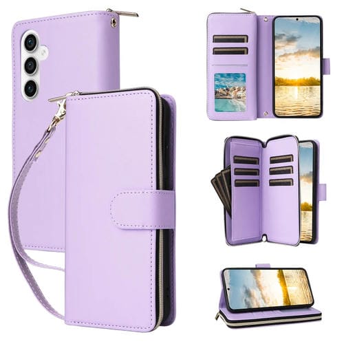 Funda Cuero para Teléfono Samsung Galaxy S23 FE 5G con 9 Ranuras para Tarjetas y Cremallera (Morado)