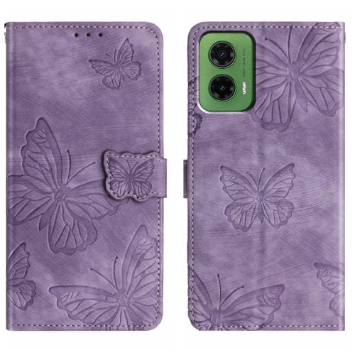 Funda de Piel con Relieve de Mariposa para Motorola Moto G35 (Morado)