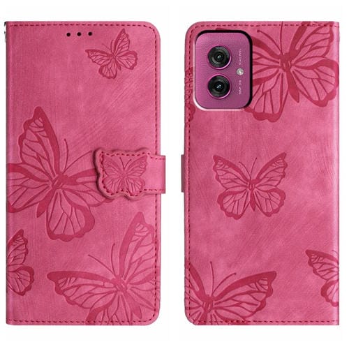 Funda de Piel con Relieve de Mariposa para Motorola Moto G55 (Rosa Rojo)