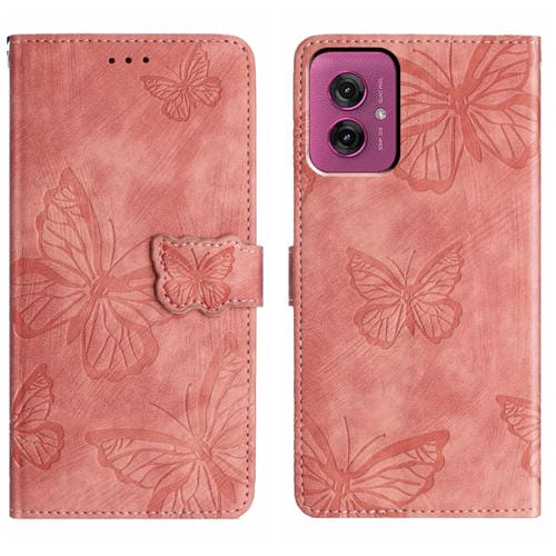 Funda de Piel con Relieve de Mariposa para Motorola Moto G55 (Rosa)