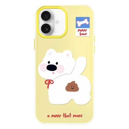 Funda híbrida TPU Policarbonato iPhone 16 Plus Cachorro Haciendo Caca (Amarillo)