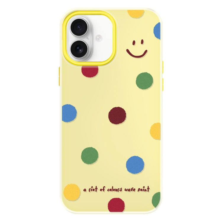 Funda híbrida TPU y Policarbonato para iPhone 16 (Sonrisa de Lunares en Amarillo)