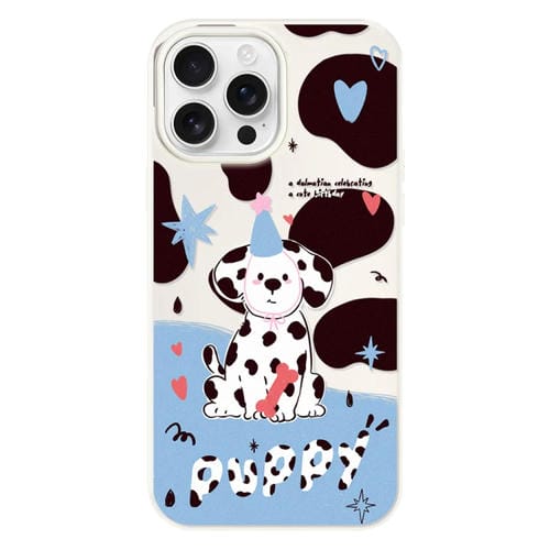 Funda híbrida TPU y Policarbonato iPhone 15 Pro Max Tacto Sedoso (Cachorro Manchado Blanco)
