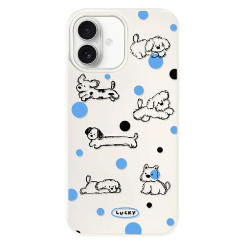 Funda híbrida TPU y policarbonato iPhone 16 Plus función protección (Perrito con Lunares en Blanco)