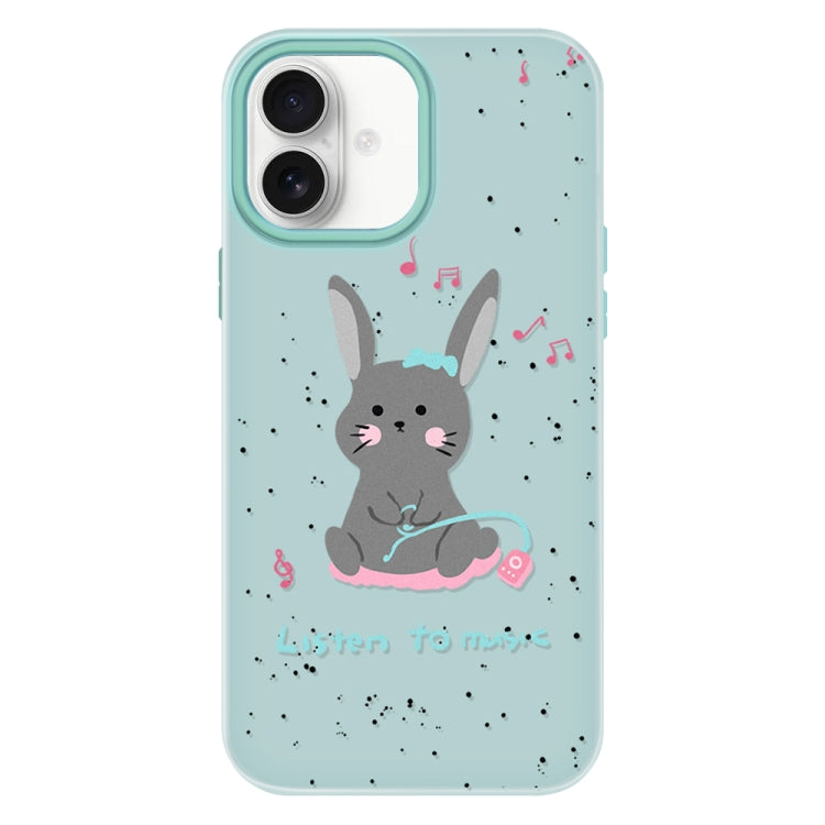 Funda híbrida TPU y PC iPhone 16 Conejo para Escuchar Música (Verde Claro)