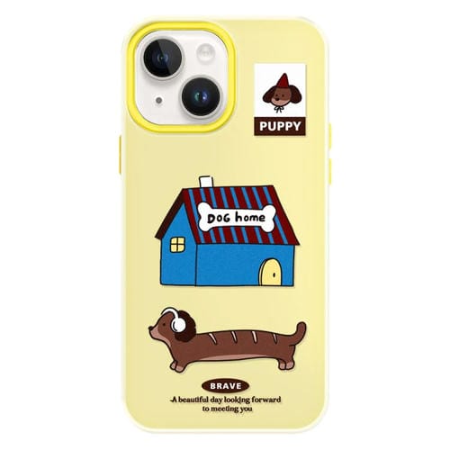 Funda híbrida TPU PC para iPhone 14 con diseño Casa de Perro (Amarilla)
