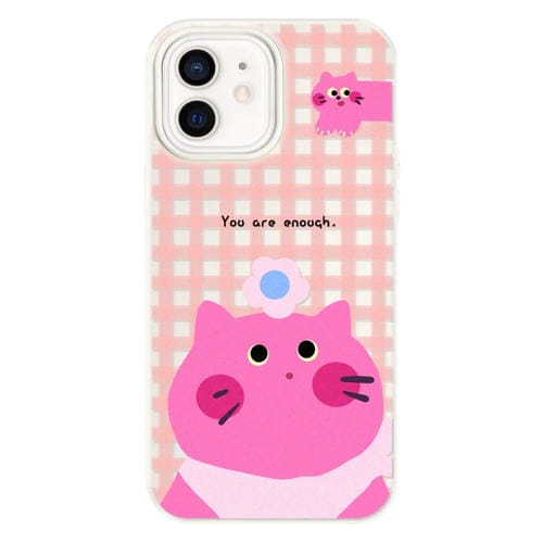 Funda híbrida TPU y PC con tacto de piel para iPhone 12 (Gato Rosa y Blanco)