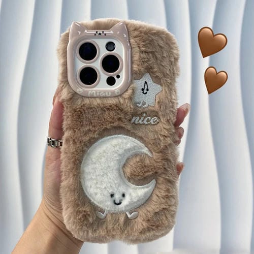 Funda de Silicona con Bordado de Peluche para iPhone 15 Pro (Luna)