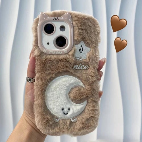 Funda de Silicona con Bordado de Peluche para iPhone 14 (Luna)