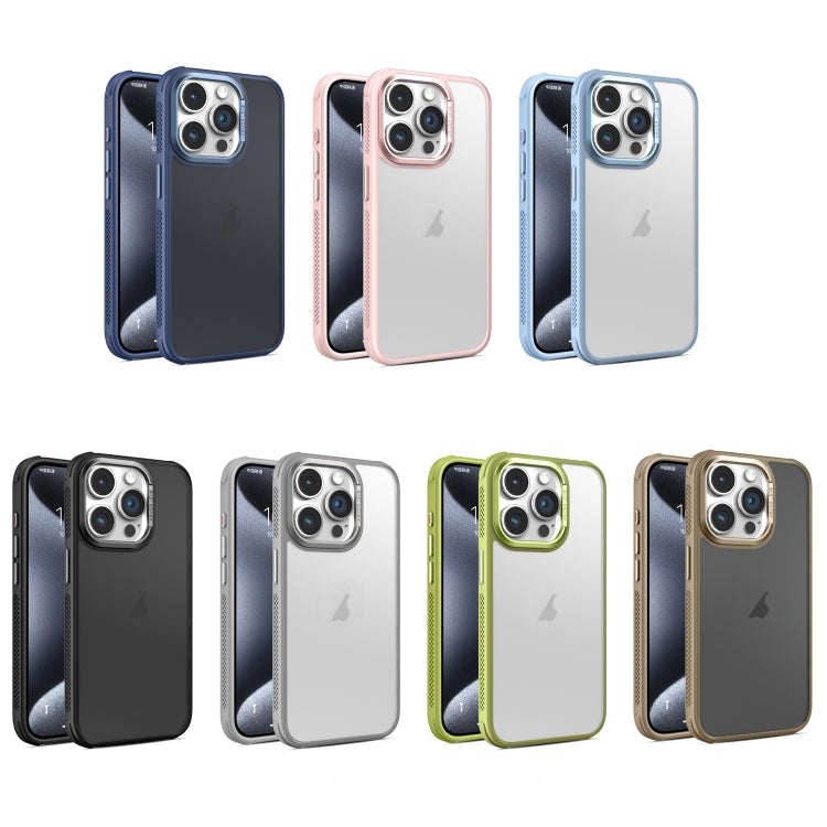 Estuche para teléfono iPhone 16 Plus marco Lente metal esmerilado piel enfriamiento lateral (Rosa)