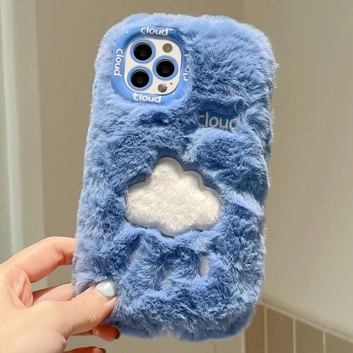 Funda TPU iPhone 14 Pro Max Bordado Felpa (Azul y Nube Blanca)