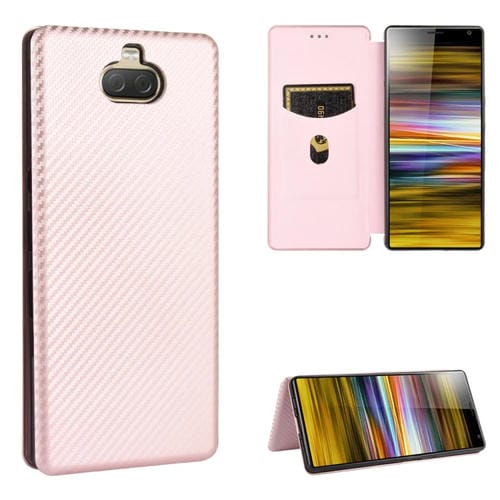 Para Sony Xperia 10 Funda de cuero con tapa magnética horizontal con textura de fibra de carbono TPU + PC + PU con ranura para tarjeta (rosa)