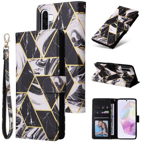 Funda de cuero con costuras en bronce y mármol para Samsung Galaxy A17 5G (negra)