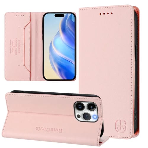 Funda de Cuero con Doble Pliegue y Succión Magnética para iPhone 15 Pro Rc01 (Rosa)