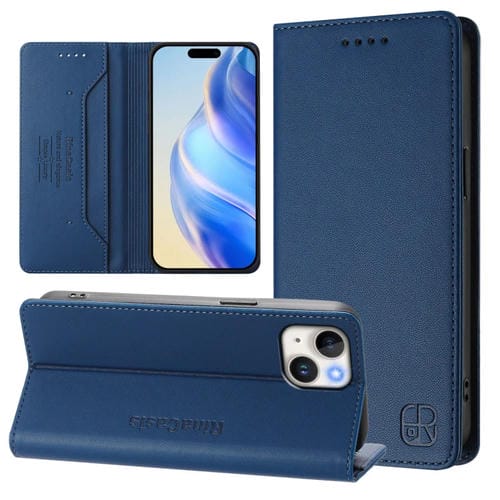 Funda de Cuero con Doble Pliegue y Succión Magnética para iPhone 14 Plus Rc01 (Azul Oscuro)