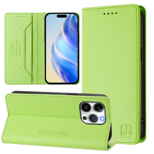 Funda de Cuero Rc01 para iPhone 14 Pro Max con Doble Pliegue y Succión Magnética (Verde Hierba)