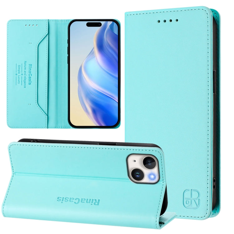 Funda de Cuero para iPhone 13 Mini Rc01 Doble Pliegue Succión Magnética (Verde Menta)