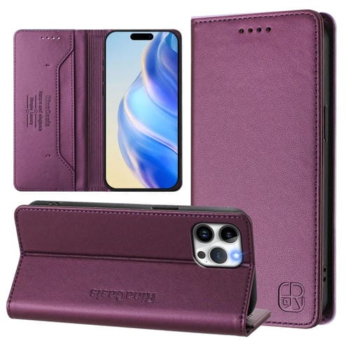 Funda de Cuero Rc01 para iPhone 12/12 Pro con Doble Pliegue y Succión Magnética (Violeta)