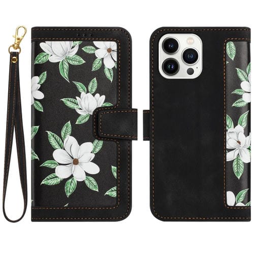 Funda de Cuero para iPhone 14 Pro Max con Estampado Floral y Cordón (Negro)