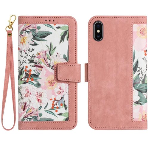 Funda de Cuero para iPhone Xs Max con Estampado Floral y CordĂłn (Rosa)