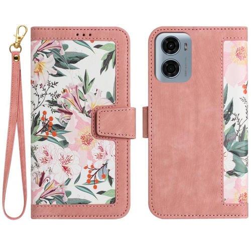 Funda de Cuero con Estampado Floral y Cordón para Motorola Moto G05 (Rosa)