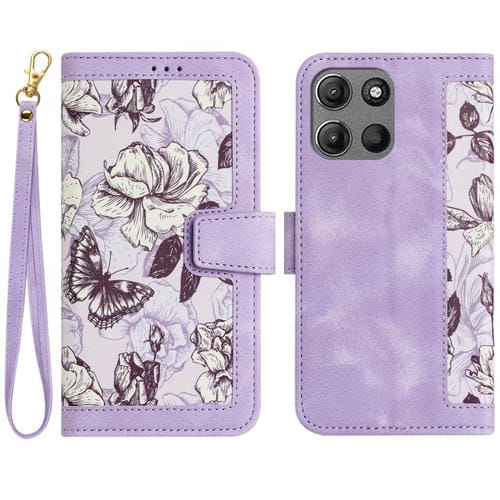 Funda de Cuero con Estampado Floral para Motorola Moto G 5G (2025) con Cordón (Morado Claro)