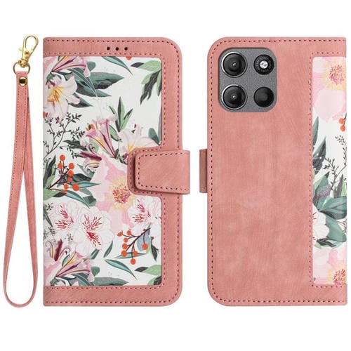 Funda de Cuero con Estampado Floral para Motorola Moto G 5G 2025 con Cordón (Rosa)