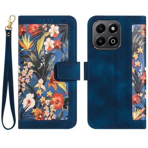 Funda de Cuero Honor 200 con Estampado Floral y Cordón (Azul Oscuro)