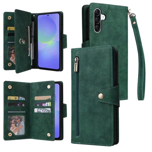 Funda de Cuero Samsung Galaxy A36 5G con Tres Pliegues y Hebilla de Remache (Verde)