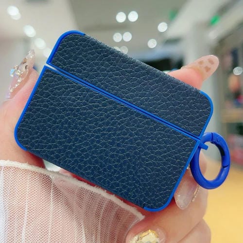 Funda Protectora Auriculares Airpods Pro 2 Textura Cuero Adhesivo Lichi (Azul Oscuro)