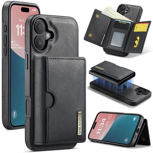 Funda de Cuero Extraíble para iPhone 16 Serie Dg.Ming M6 con Tarjetero Rfid de Tres Pliegues (Negro)