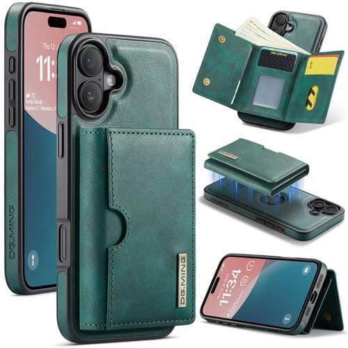 Funda de Cuero Extraíble para iPhone 16 Serie Dg.Ming M6 con Tarjetero Rfid de Tres Pliegues (Verde)